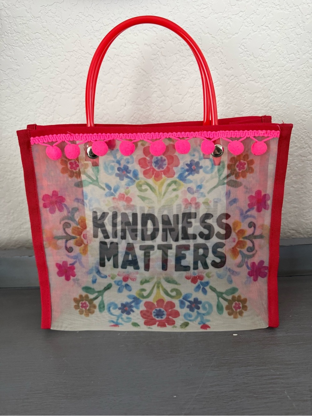 Kindness Matters Floral Mesh Tote Bag in Red and Pink